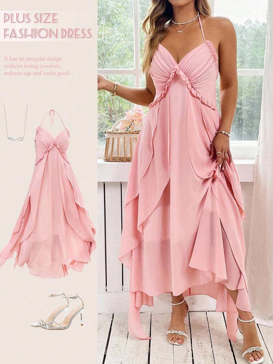 SHEIN LUNE Plus Size Women French Elegant Ruffle Backless Spaghetti Strap Dress, Pink - Coral Pink - View 1