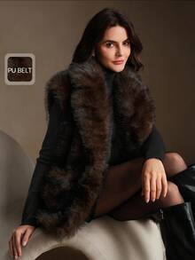 Anewsta 人造毛皮背心配皮带毛绒缺口翻领舒适冬季外套秋季、冬季、外出、优雅、别致、正式、圣诞节、婚礼、优雅派对 - 棕色 - 查看 1