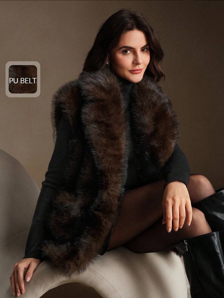 Faux Fur Vest With Leather Belt Plush Notch Lapel Snug Winter Outerwear Fall,Winter,Going Out,Elegant,Chic,Formal,Christmas,Wedding, Elegant Party
