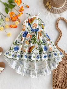 Travachic KIDS 女婴热带植物印花高低下摆时尚露背连衣裙 - 杏色 - 查看 3
