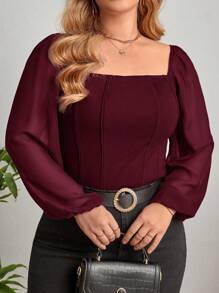 Firerie 加大方领灯笼袖上衣 - 酒紅色 - 查看 3