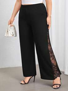 Firerie Pantaloni negri eleganți, casual, cu talie înaltă, cu croi larg, cu crăpături laterale și panouri din dantelă transparentă, potriviți pentru purtare zilnică și naveta, primăvară/vară