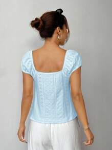 Comfortcana Textured Jacquard Ruched T-Shirt, Minimalist Fashion Casual For Everyday Wear - Blue - View 2