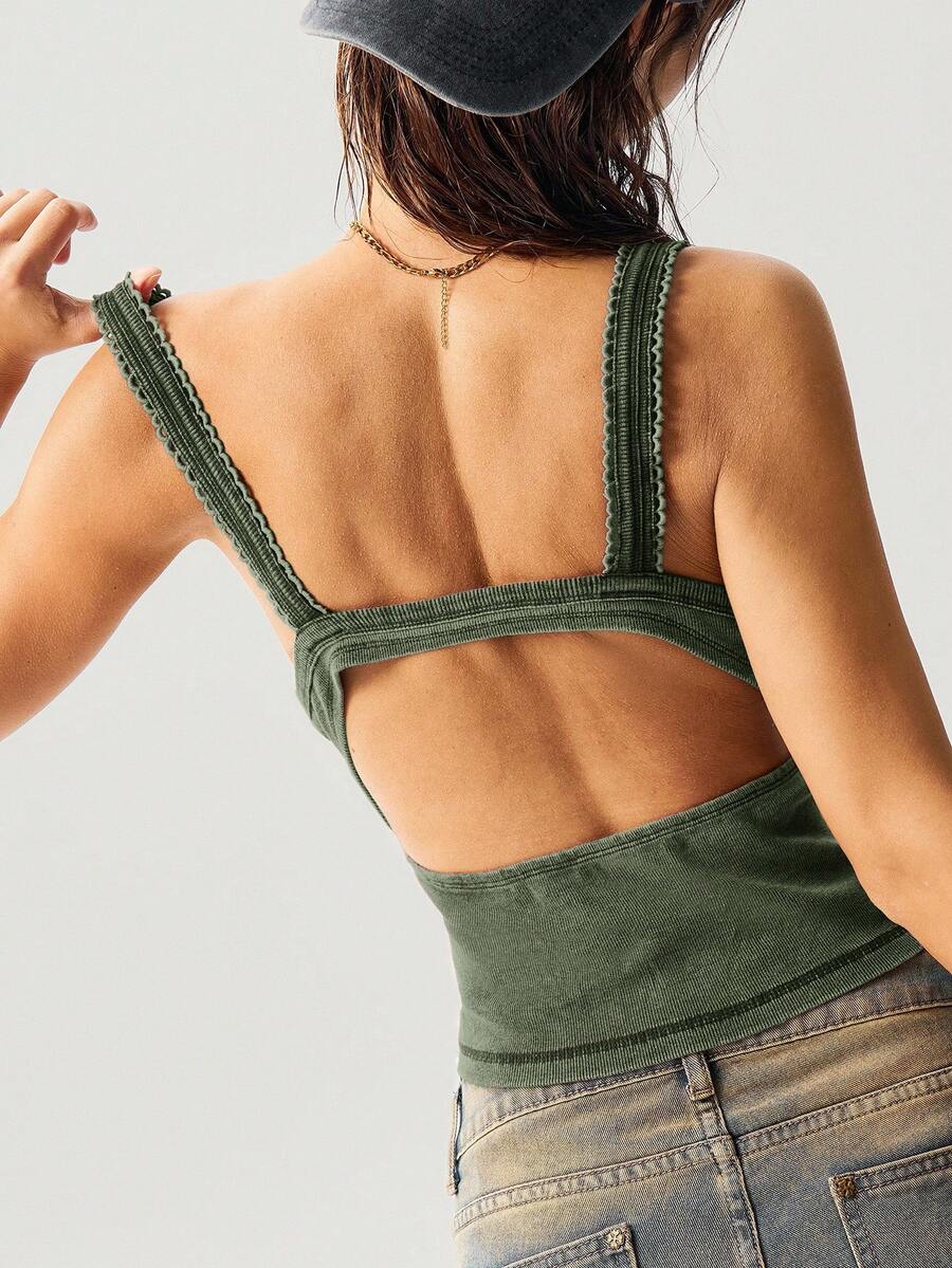 Bohemela Áo ba lỗ dáng croptop cổ chữ V dệt kim trơn màu phong cách du lịch thường ngày dành cho nữ, mùa hè - Màu xanh Ô liu - Xem 1