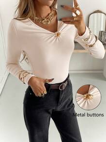 Siren Gaze 女士纯色褶皱不对称领修身优雅长袖 T 恤