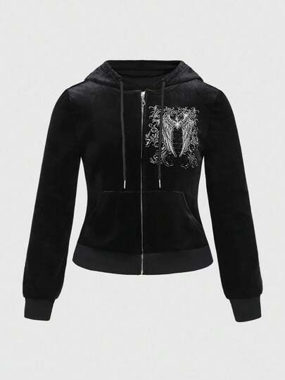 Grunge Punk Sweat-shirt à capuche pour femmes avec imprimé d'ailes style grunge délavé et ornements de strass
