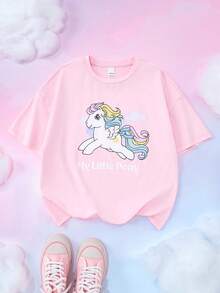 My Little Pony X SHEIN 青少年女孩休闲可爱卡通飞马和字母图案宽松短袖 T 恤，夏季 - 粉色 - 查看 1