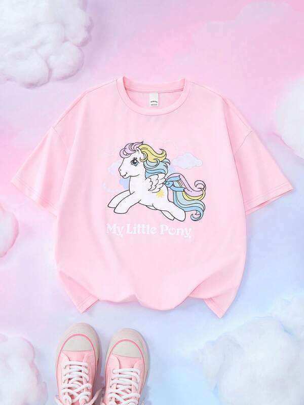 My Little Pony X SHEIN Tween Girl Casual Cute Cartoon Pegasus & Letter Graphic Loose Fit Short Sleeve T-Shirt, Summer