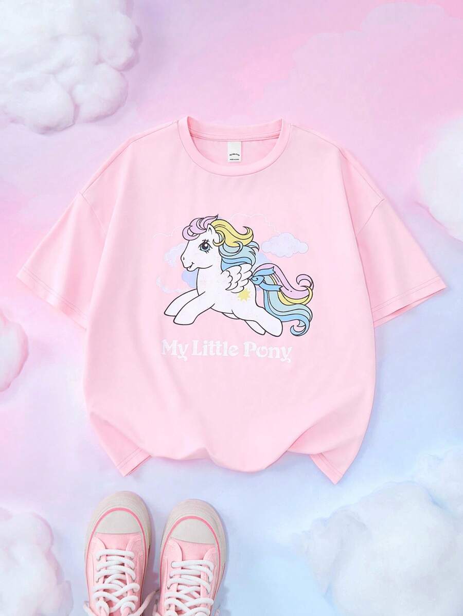 My Little Pony X SHEIN 青少年女孩休闲可爱卡通飞马和字母图案宽松短袖 T 恤，夏季 - 粉色 - 查看 1