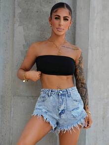 SAYEHFBABY Summer Fashionable Ripped Frayed Angled Pocket Denim Shorts - Light Wash - View 4