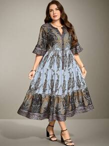 SHEIN Clasi 大码随机印花连衣裙 Maxi 女装 - 淺藍色 - 查看 3