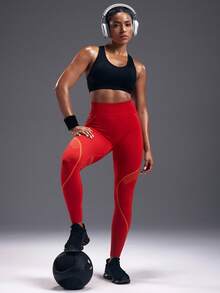 Powerista 撞色拼接高腰无缝紧身裤女士瑜伽裤 - 橘色 - 查看 7