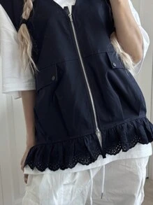 FRIFUL Veste sans manches décontractée pour femmes avec fermeture éclair et volant à l'ourlet, couleur unie