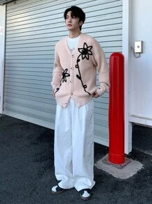 Manfinity Hypemode 男士花卉图案长袖单排扣休闲开衫 - 杏色 - 查看 8