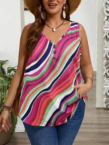 SHEIN EMERY ROSE CURVE Plus Size Women's Button Design V-Neck Striped Casual Loose Tank Top - Multicolor - View 3