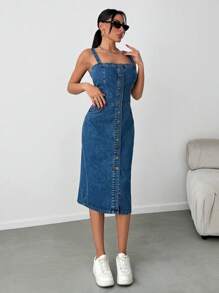 EURMUSE Slant Pocket Button Front Overall Denim Midi Dress - Medium Wash - View 5