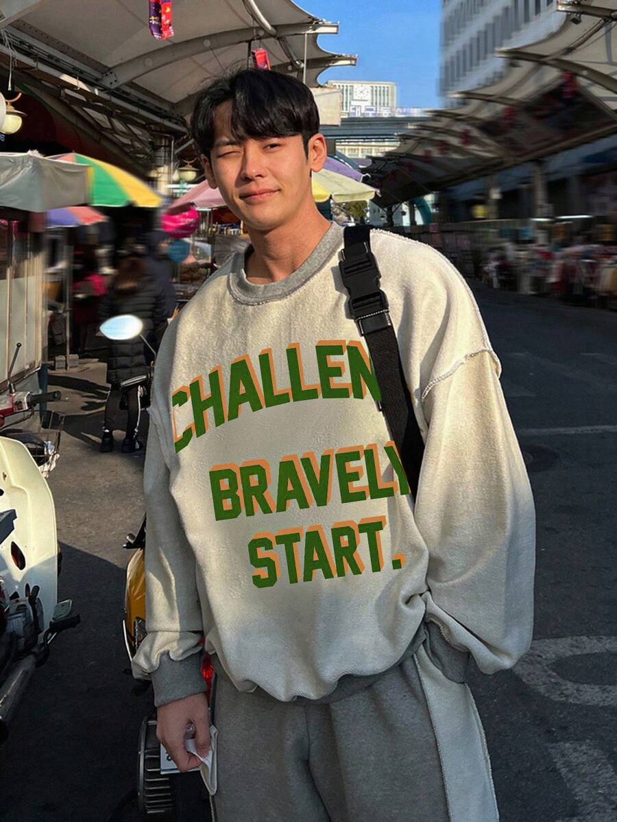 DAZY Conjunto de sudadera y pantalones con estampado de letras de color contrastante y parches para hombre en otoño - Gris - Ver 1