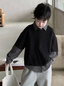 Dazy Kids 青少年男童宽松休闲格子拼接T恤，秋季款 - 黑色 - 查看 1