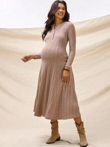 SHEIN فستان أمومة كاجوال بأكمام طويلة وأزرار - كاكي - مشاهدة 4