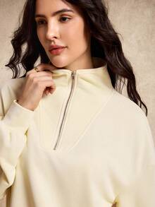 House of One Zip-Up Front Mock Neck Plain Casual Sweatshirt Women Autumn Winter Pullover For Women - Khaki - View 7