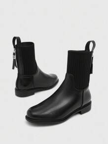 CUCCOO BIZCHIC 时尚英伦风女式后拉链靴，黑色针织弹力圆头平底厚底踝靴，圣诞节必备