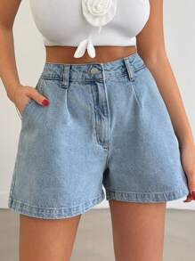 EURMUSE 女士口袋设计褶皱宽松休闲牛仔短裤