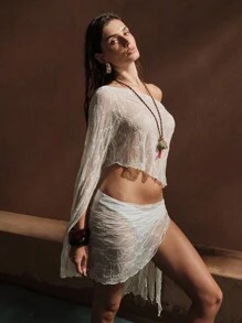 Swim Chiccia Women's Oblique Shoulder Slit Sleeve Sheer Cropped Cover-Up Top Paired With Lace Cover-Up And Mini Skirt Set - Brown - View 1