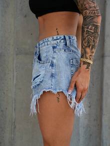 SAYEHFBABY Summer Fashionable Ripped Frayed Angled Pocket Denim Shorts - Light Wash - View 3