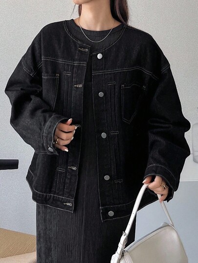 FRIFUL Women's Casual Versatile Drop Shoulder Loose Denim Jacket Black Denim Jacket Oversized Denim Jacket Denim Jacket Women Plus Size Denim Jacket Women Black Jean Jacket