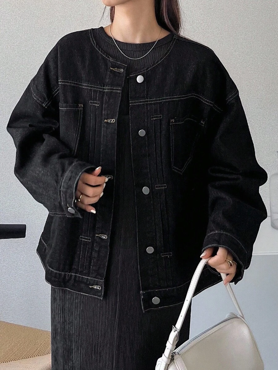 FRIFUL 女士休闲百搭落肩宽松牛仔夹克黑色牛仔夹克超大牛仔夹克牛仔夹克女式加大码牛仔夹克女式黑色牛仔夹克 - 黑色 - 查看 1