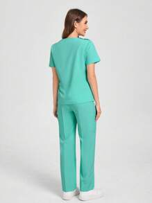Scrubzie Scrub Uniform Set, Short Sleeve Top And Pants, Solid Color - Green - View 2