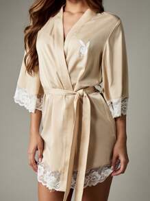 Missguided x Playboy Christmas Satin Robe With Lace Trim And Waist Belt - Apricot - View 4