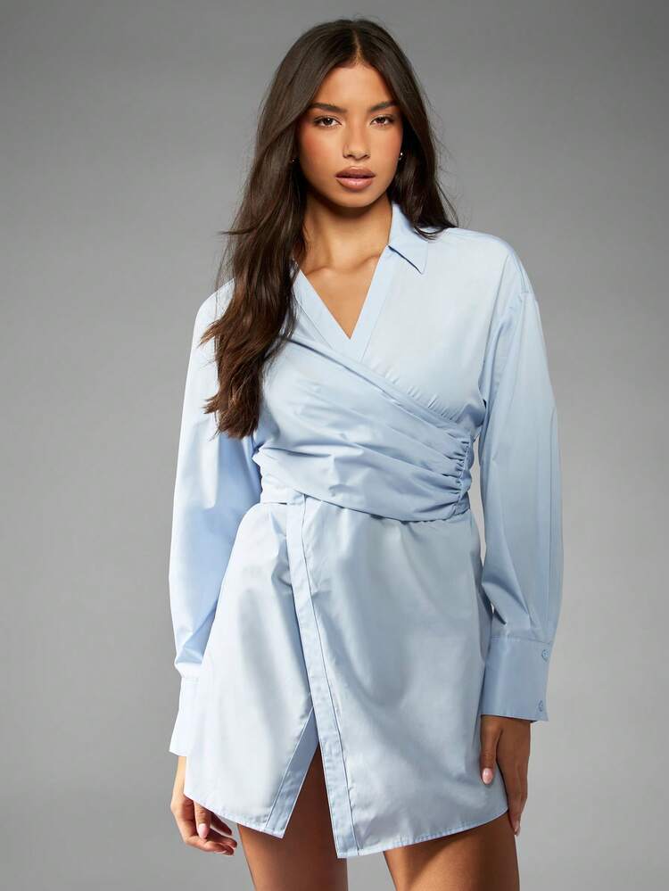 MISSGUIDED Elegant Wrap Front Mini Shirt Dress Long Sleeve Collared Neckline Business Office Professional Asymmetric Formal Interview Women Workwear Fall Winter Wardrobe