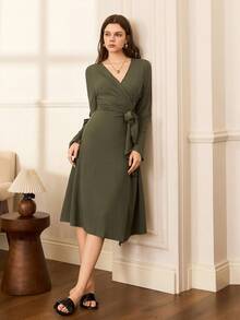 Moireta Elegant Casual Ribbed Jacquard Long Sleeve Wrap Women Robe, Fall, Cozy Outfits