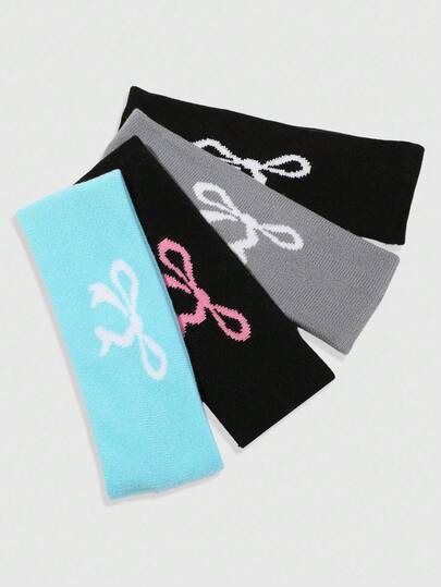 Kawaii 4pcs Streetwear Girl Bow Print Knitted Headbands, Suitable For Fitness, Street Dance, Music Festival Decoration