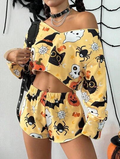 SHEIN Unity Halloween Women's Pumpkin Print Drop Shoulder Long Sleeve Cropped Top And Shorts Casual 2 Pieces Set Fall Cloth For Women