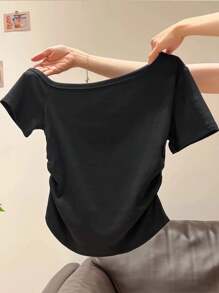INAWLY Women's Summer New Sexy Asymmetrical Shoulder Bowknot Embroidery Ruffle Slim Fit Revealing Shoulder T-Shirt - Black - View 3