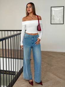 Siren Gaze Off Shoulder Gấp lại Off Shoulder Áo phông Crop - trắng - Xem 5