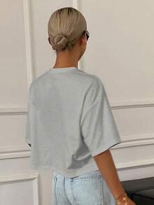 DAZY 女士休闲百褶花卉宽松短袖短款圆领T恤，秋季 - 灰色 - 查看 2