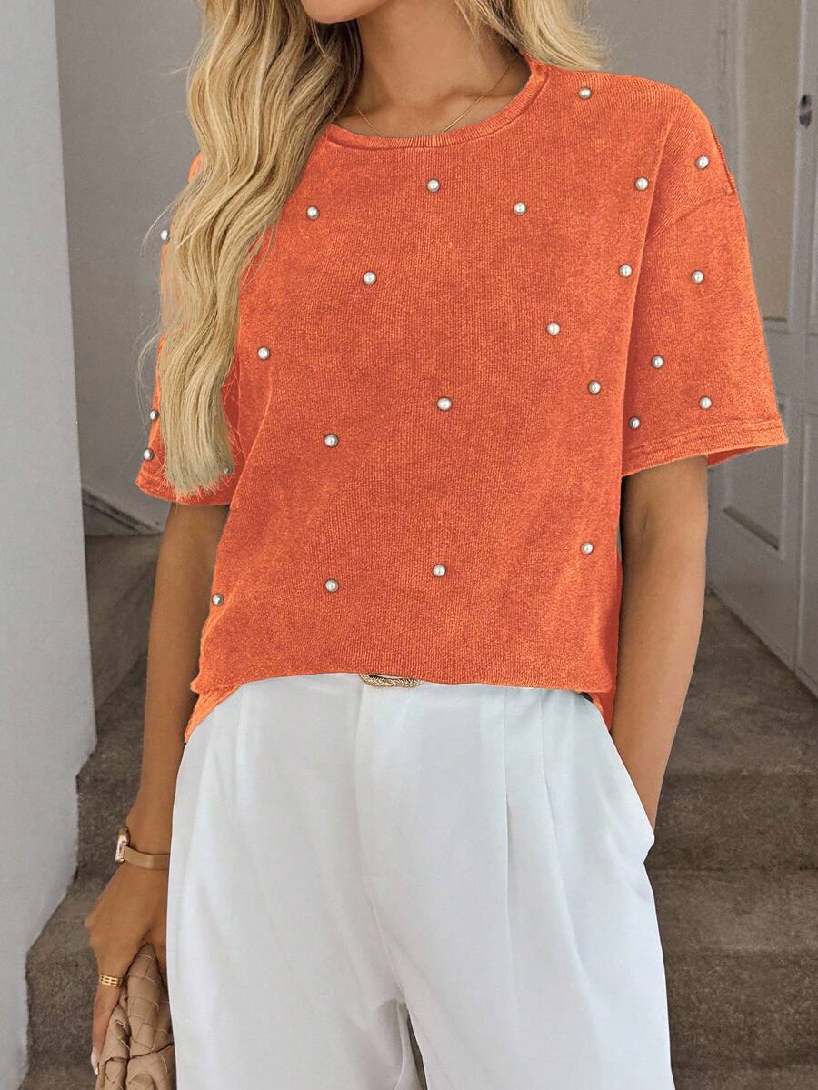 EURMUSE Women's Solid Color Dropped Shoulder Round Neck Short Sleeve T-Shirt - Jeruk - View 1