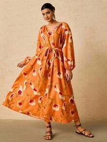 SHEIN VCAY Váy suông rộng tay đèn lồng cổ chữ V in hoa cỡ lớn, màu cam, Váy dài tay mùa thu mới Váy hoa màu cam Váy thu cho nữ Váy cam Váy maxi họa tiết hoa Váy thắt lưng màu cam - Màu Cam cháy - Xem 4