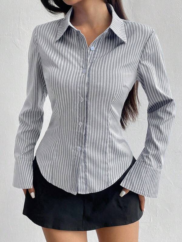 Flirla Women's Single-Breasted Casual Slim Striped Shirt Fall Cloth For Women