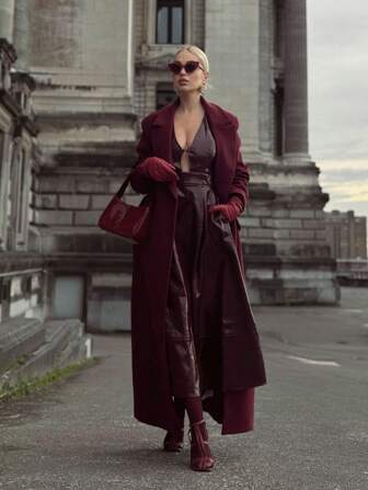 SHEIN X Jwoww Anewsta Women's Grey Midi Length Belted Notched Collar Overcoat, Christmas