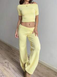 Sunnyshic Women's Yellow Casual Vacation Off Shoulder Short Sleeve Sweater 2 Pieces Set. 2 Pieces Lounge Set Women Yellow Two Pieces Set For Women Butter Yellow Two Pieces Set. Cute And Cozy. Fall Essentials.