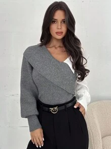 Firerie Casual And Elegant Gray And White Stitching Long-Sleeved Sweater, Suitable For Commuting, Work Wear And Outdoor Occasions/Fall/Back To School/Homecoming/Old Money Style Women/Autumn Bottoms/Tops For Going Out/Pile Collar Pleated Tops/All/Business Casual/Vintage/Fall