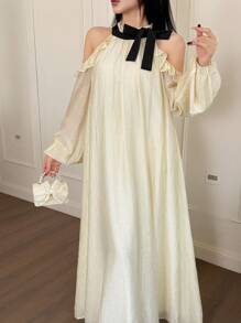 Feyla Women's Elegant Cream And Black Contrast Color Tie Neck Ruffle Hem Dress,Autumn Casual Tea Party Dress,Fall Homecoming Hoco Back To School Outfits - Apricot - View 4