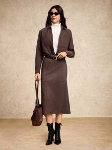 House of One Solid Brown Suede High-Waist Pencil Midi Skirt Women Elegant Old Money Office Fall Women Clothes Casual Spring Fall Fall Outfits Business Professional Women Business Casual Woman