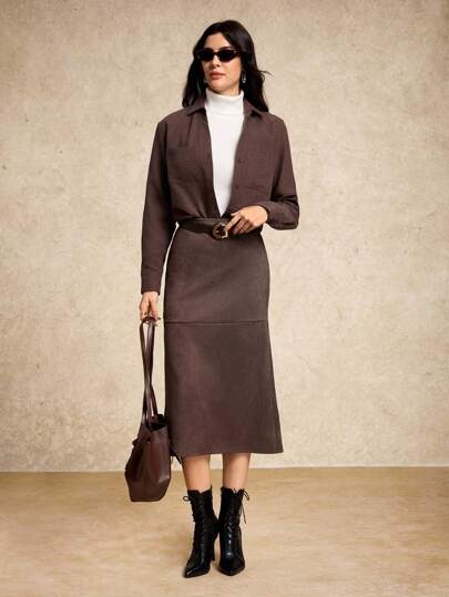 House of One Solid Brown Suede High-Waist Pencil Midi Skirt Women Elegant Old Money Office Fall Women Clothes Casual Spring Fall Fall Outfits Business Professional Women Business Casual Woman
