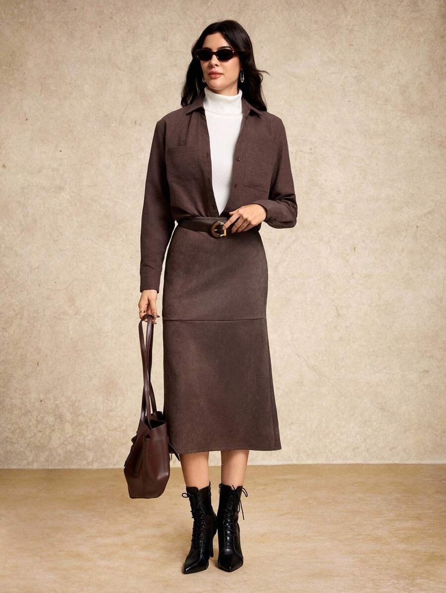 House of One Solid Brown Suede High-Waist Pencil Midi Skirt Women Elegant Old Money Office Fall Women Clothes Casual Spring Fall Fall Outfits Business Professional Women Business Casual Woman