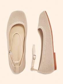 CUCCOO BASICS Cómodos mocasines planos de tela de malla color albaricoque con punta cuadrada, para mujer